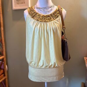 A. Byer - yellow y2k sleeveless top with stone embellished collar/neckline M